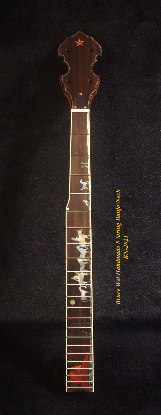 Handcrafted 5 String Banjo Neck, Solid Mahogany & Hard Maple CowBoy Inlay, Heel Carved, Bruce Wei BN-2021