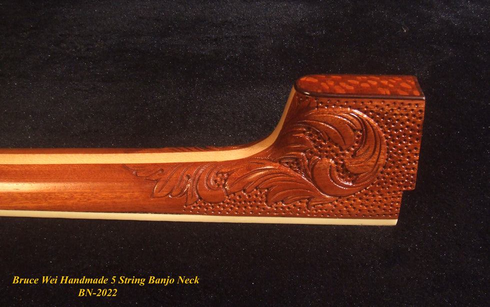 Handcrafted 5 String Banjo Neck, Solid Mahogany & Hard Maple Planet Inlay, Heel Carved, Bruce Wei BN-2022