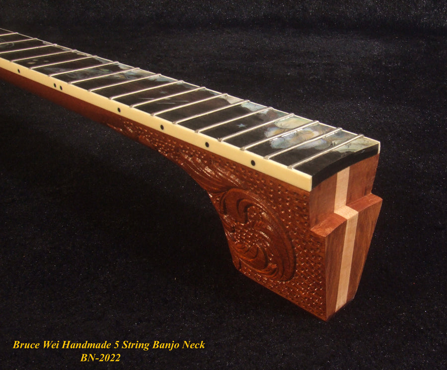Handcrafted 5 String Banjo Neck, Solid Mahogany & Hard Maple Planet Inlay, Heel Carved, Bruce Wei BN-2022