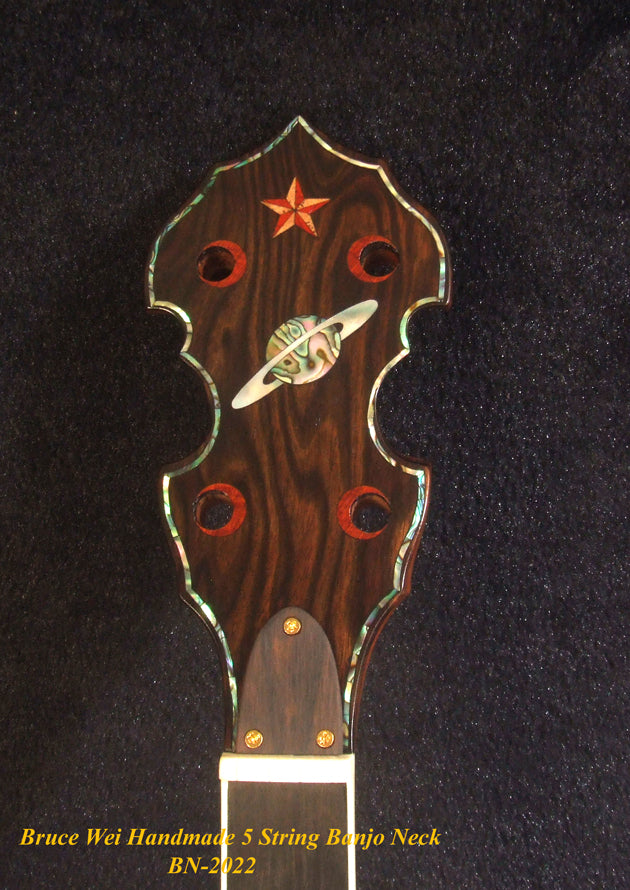 Handcrafted 5 String Banjo Neck, Solid Mahogany & Hard Maple Planet Inlay, Heel Carved, Bruce Wei BN-2022