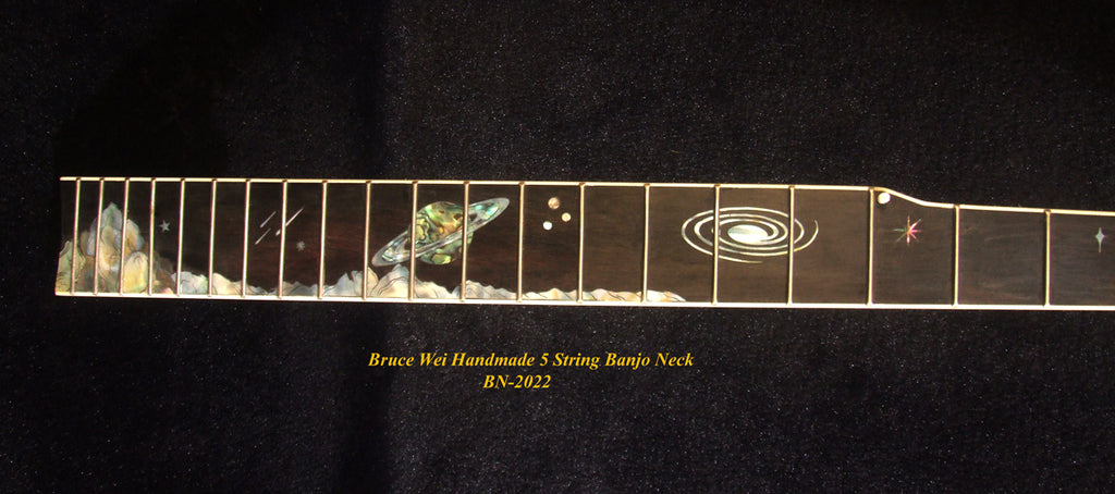 Handcrafted 5 String Banjo Neck, Solid Mahogany & Hard Maple Planet Inlay, Heel Carved, Bruce Wei BN-2022
