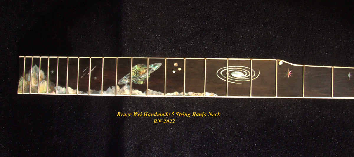 Handcrafted 5 String Banjo Neck, Solid Mahogany & Hard Maple Planet Inlay, Heel Carved, Bruce Wei BN-2022