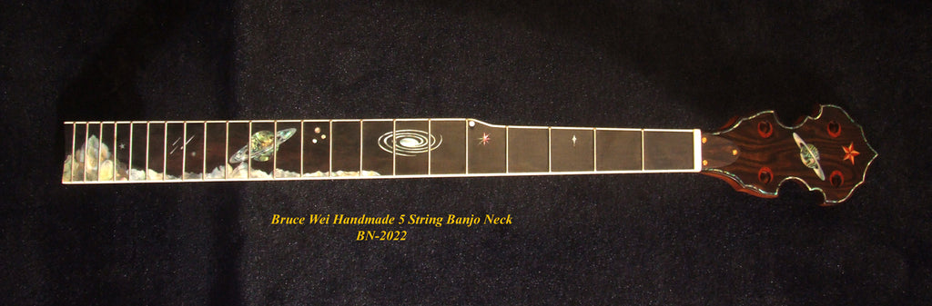 Handcrafted 5 String Banjo Neck, Solid Mahogany & Hard Maple Planet Inlay, Heel Carved, Bruce Wei BN-2022