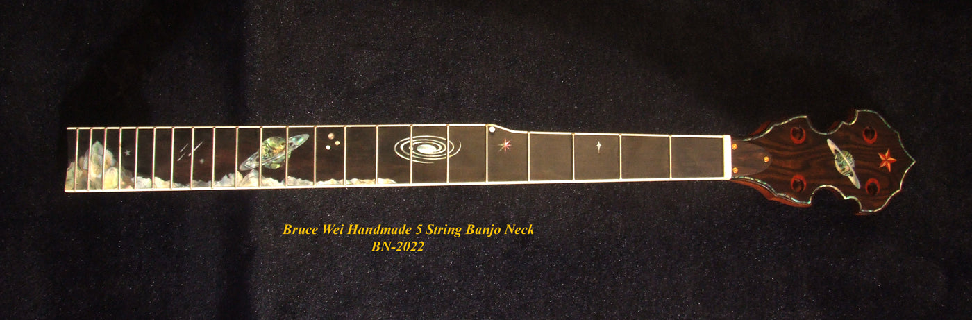 Handcrafted 5 String Banjo Neck, Solid Mahogany & Hard Maple Planet Inlay, Heel Carved, Bruce Wei BN-2022