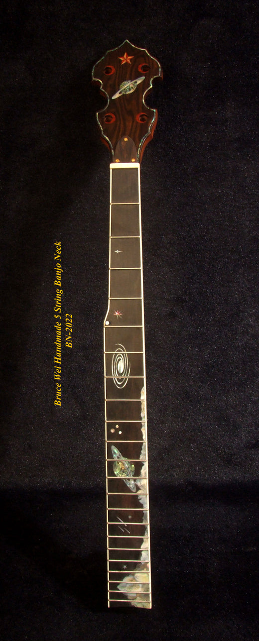 Handcrafted 5 String Banjo Neck, Solid Mahogany & Hard Maple Planet Inlay, Heel Carved, Bruce Wei BN-2022