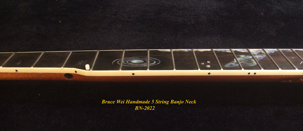 Handcrafted 5 String Banjo Neck, Solid Mahogany & Hard Maple Planet Inlay, Heel Carved, Bruce Wei BN-2022