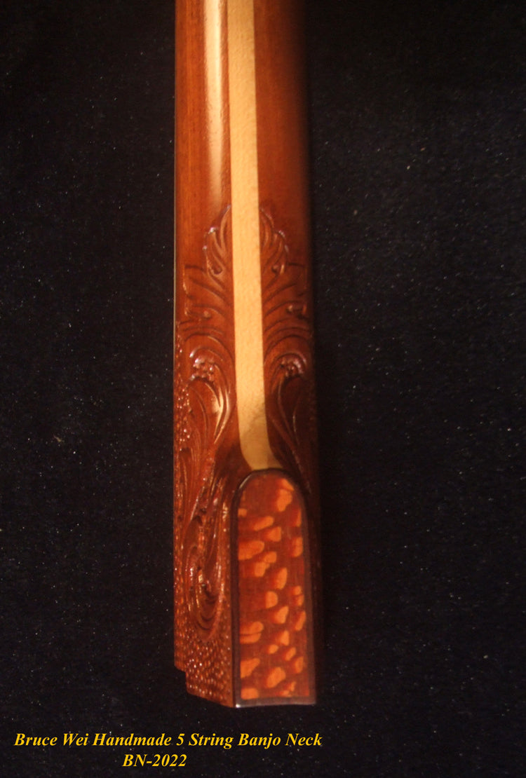 Handcrafted 5 String Banjo Neck, Solid Mahogany & Hard Maple Planet Inlay, Heel Carved, Bruce Wei BN-2022