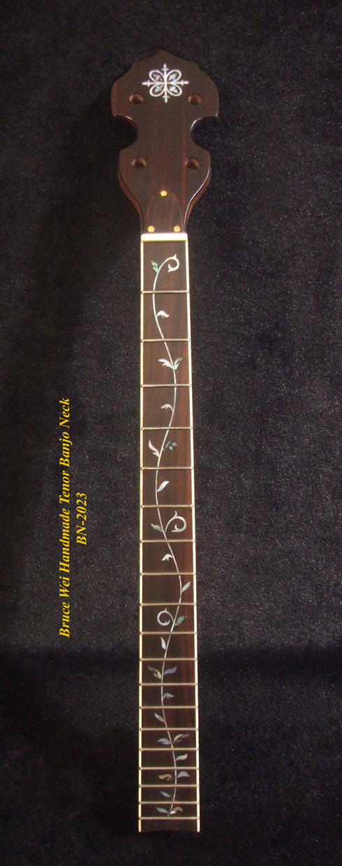 Handcrafted Tenor Banjo Neck, Solid Walnut MOP Abalone Vine Inlay, Bruce Wei BN-2023
