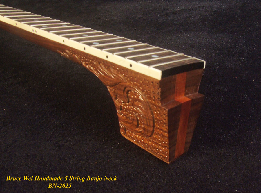 Handcrafted 5 String Banjo Neck, Solid Walnut & Mahogany MOP Inlay, Heel Carved, Bruce Wei BN-2025