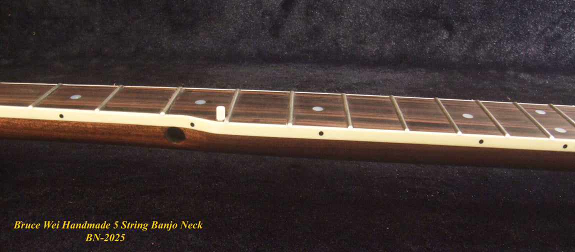 Handcrafted 5 String Banjo Neck, Solid Walnut & Mahogany MOP Inlay, Heel Carved, Bruce Wei BN-2025