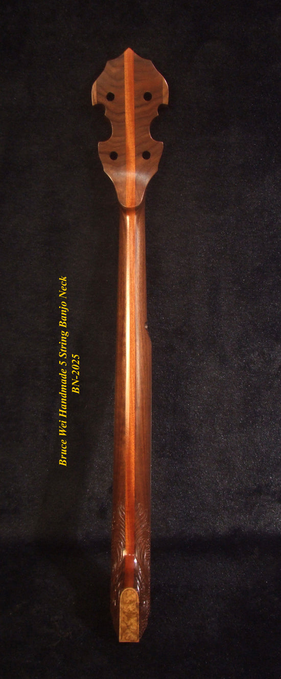 Handcrafted 5 String Banjo Neck, Solid Walnut & Mahogany MOP Inlay, Heel Carved, Bruce Wei BN-2025