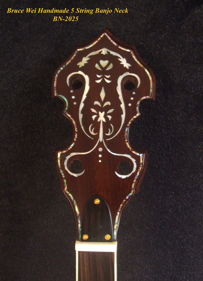 Handcrafted 5 String Banjo Neck, Solid Walnut & Mahogany MOP Inlay, Heel Carved, Bruce Wei BN-2025