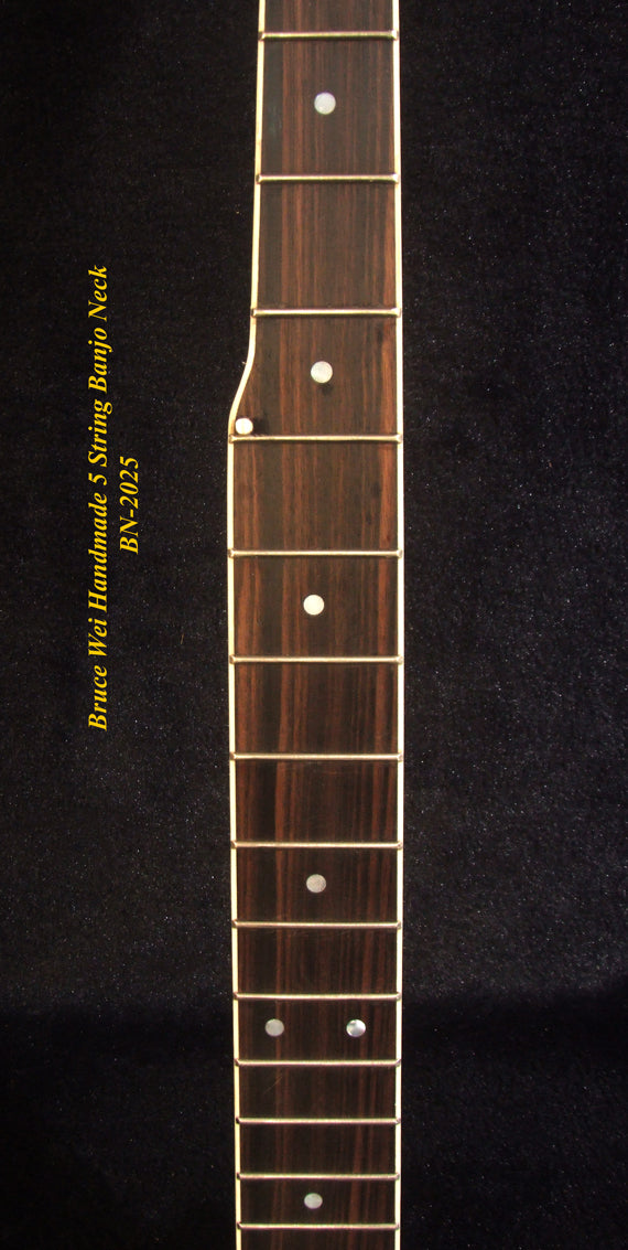 Handcrafted 5 String Banjo Neck, Solid Walnut & Mahogany MOP Inlay, Heel Carved, Bruce Wei BN-2025