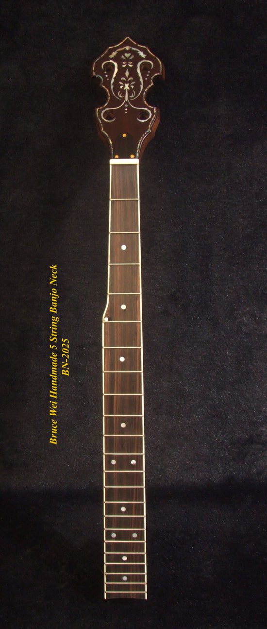 Handcrafted 5 String Banjo Neck, Solid Walnut & Mahogany MOP Inlay, Heel Carved, Bruce Wei BN-2025