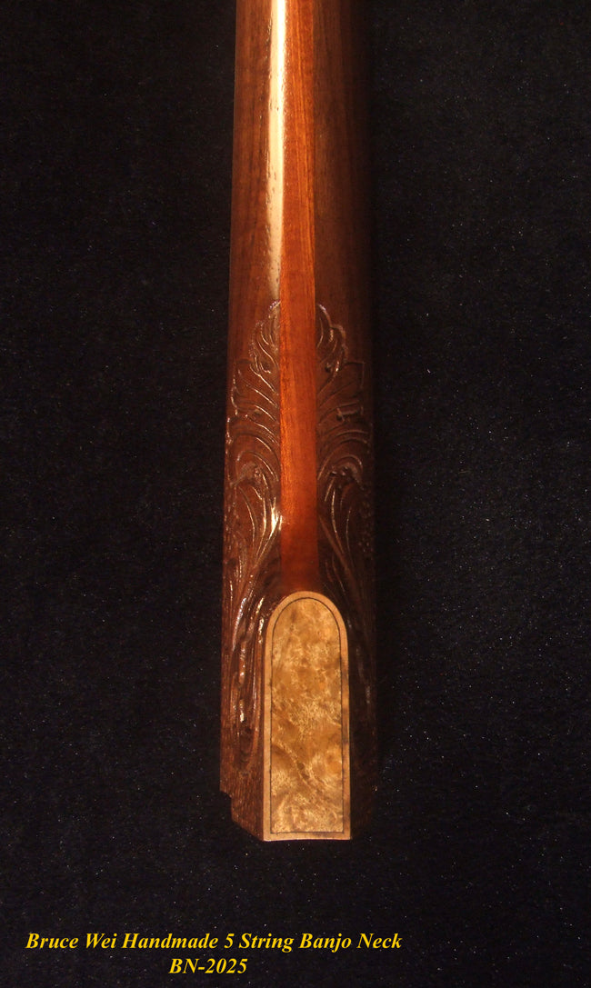 Handcrafted 5 String Banjo Neck, Solid Walnut & Mahogany MOP Inlay, Heel Carved, Bruce Wei BN-2025