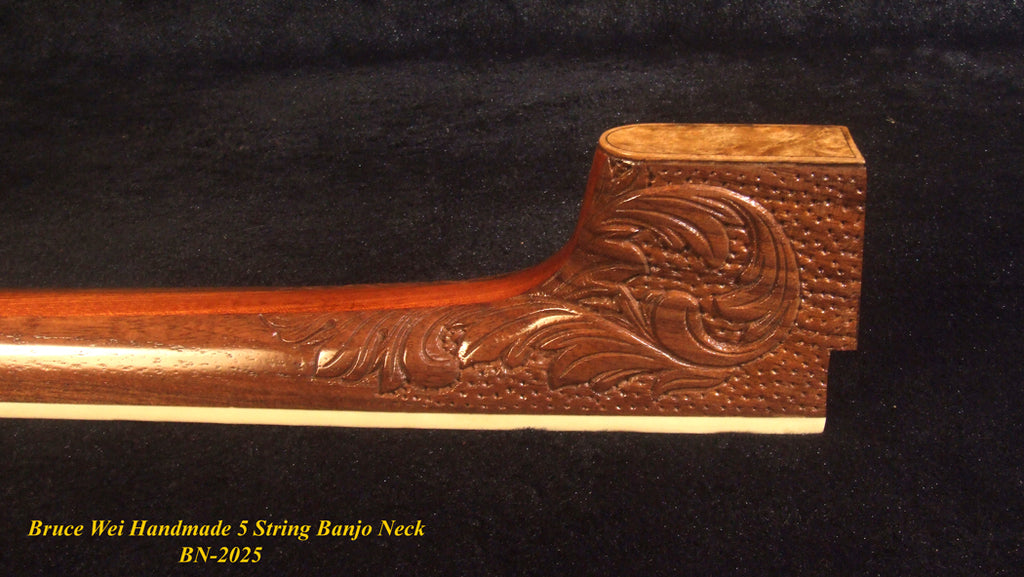 Handcrafted 5 String Banjo Neck, Solid Walnut & Mahogany MOP Inlay, Heel Carved, Bruce Wei BN-2025