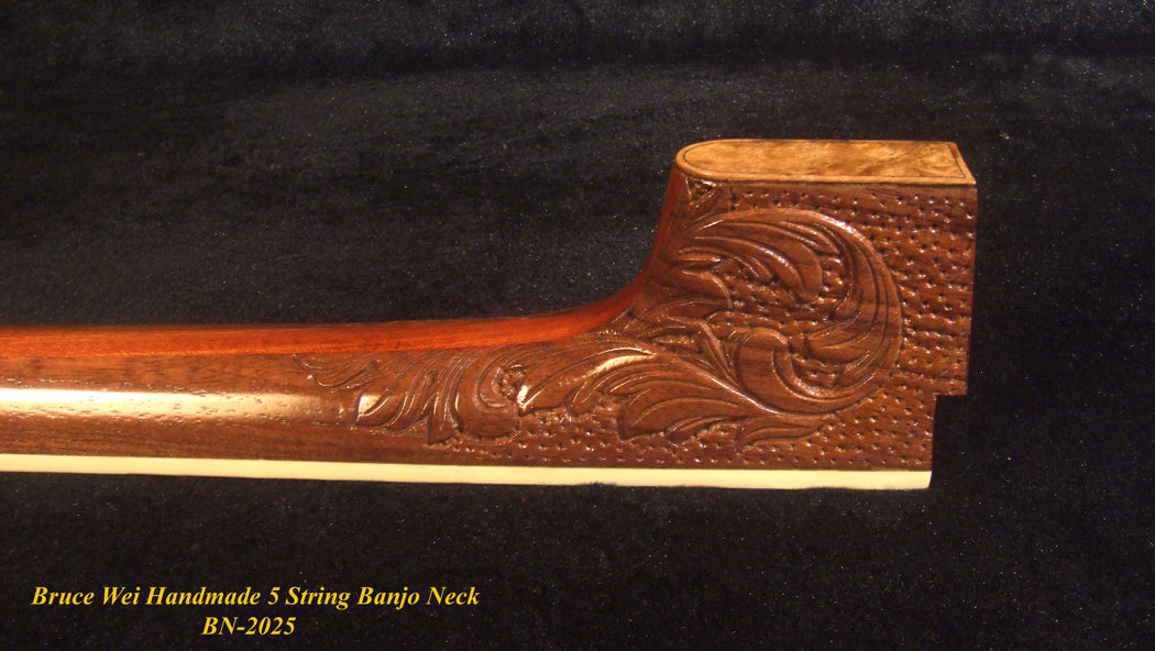 Handcrafted 5 String Banjo Neck, Solid Walnut & Mahogany MOP Inlay, Heel Carved, Bruce Wei BN-2025