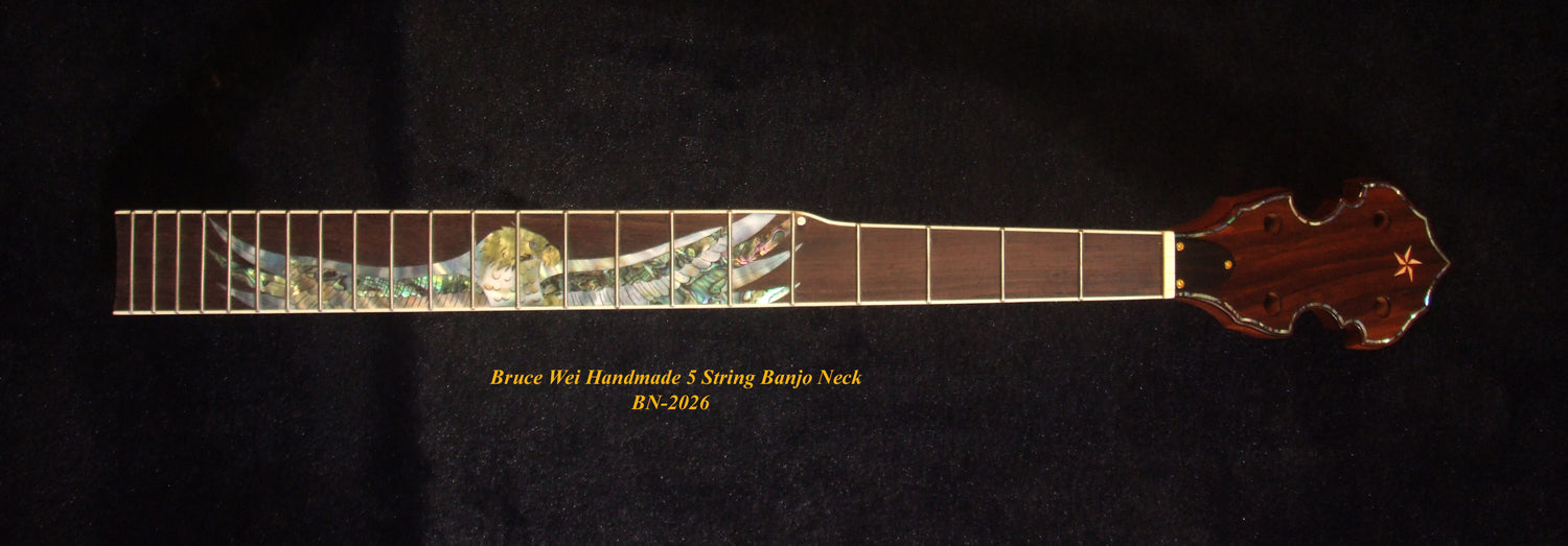 Handcrafted 5 String Banjo Neck, Solid Mahogany MOP & Abalone Eagle Inlay, Heel Carved, Bruce Wei BN-2026