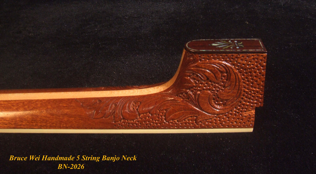Handcrafted 5 String Banjo Neck, Solid Mahogany MOP & Abalone Eagle Inlay, Heel Carved, Bruce Wei BN-2026