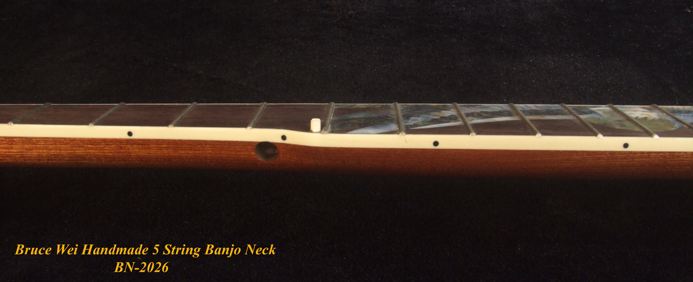 Handcrafted 5 String Banjo Neck, Solid Mahogany MOP & Abalone Eagle Inlay, Heel Carved, Bruce Wei BN-2026