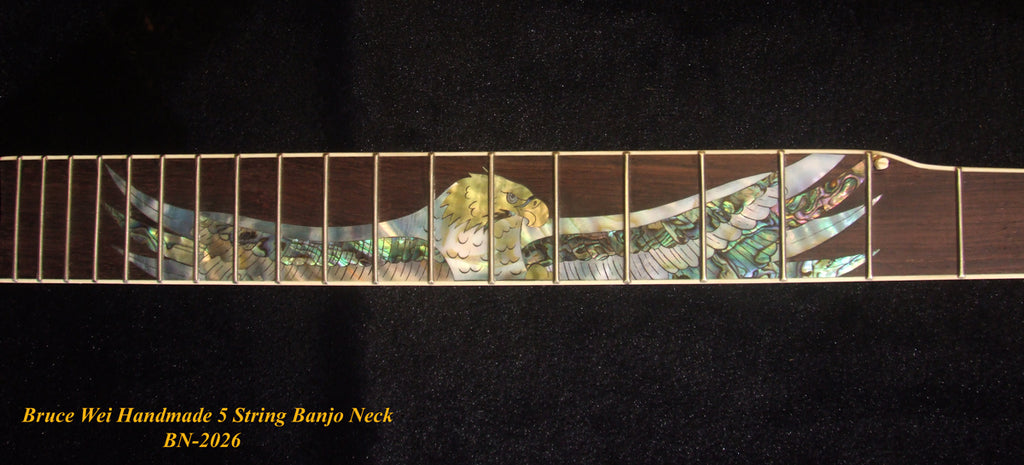 Handcrafted 5 String Banjo Neck, Solid Mahogany MOP & Abalone Eagle Inlay, Heel Carved, Bruce Wei BN-2026