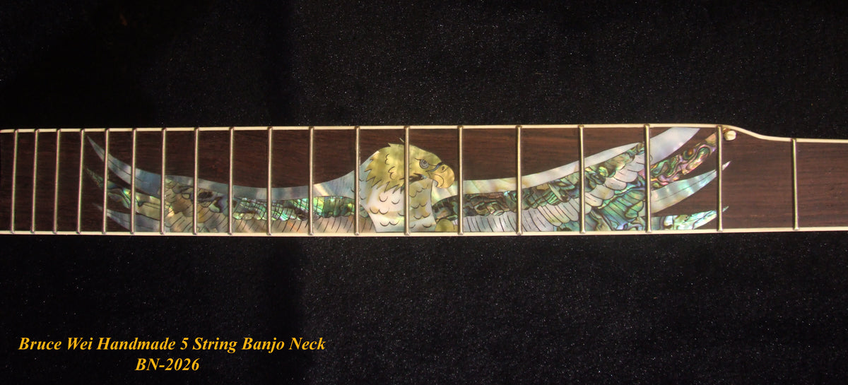 Handcrafted 5 String Banjo Neck, Solid Mahogany MOP & Abalone Eagle Inlay, Heel Carved, Bruce Wei BN-2026