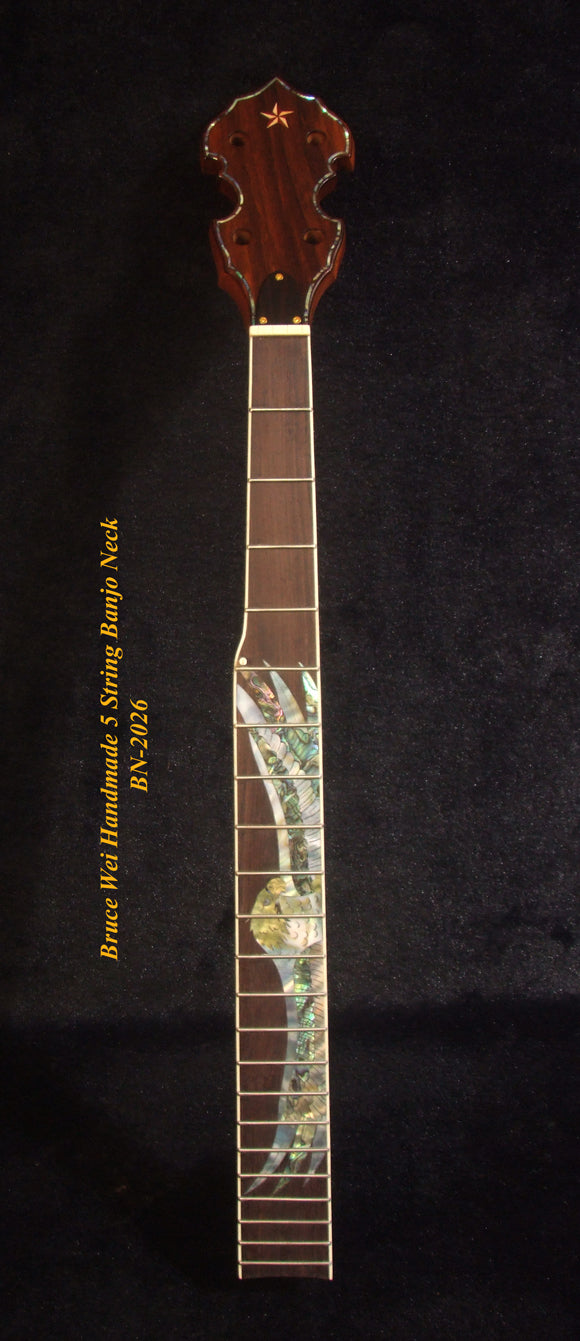 Handcrafted 5 String Banjo Neck, Solid Mahogany MOP & Abalone Eagle Inlay, Heel Carved, Bruce Wei BN-2026
