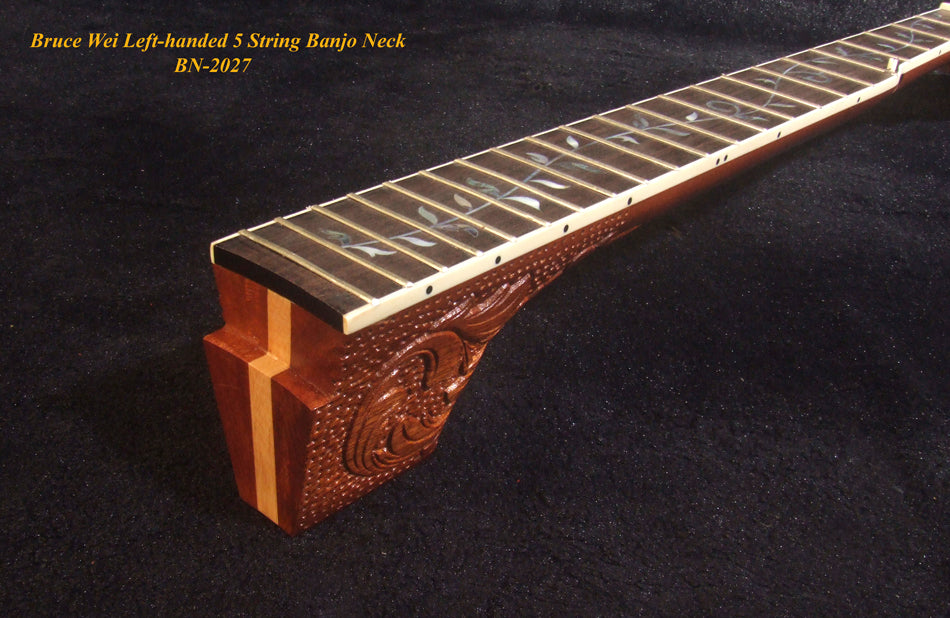 Handmade Left-Handed 5 String Banjo Neck, Solid Mahogany MOP Vine Inlay, Heel Carved, Bruce Wei BN-2027