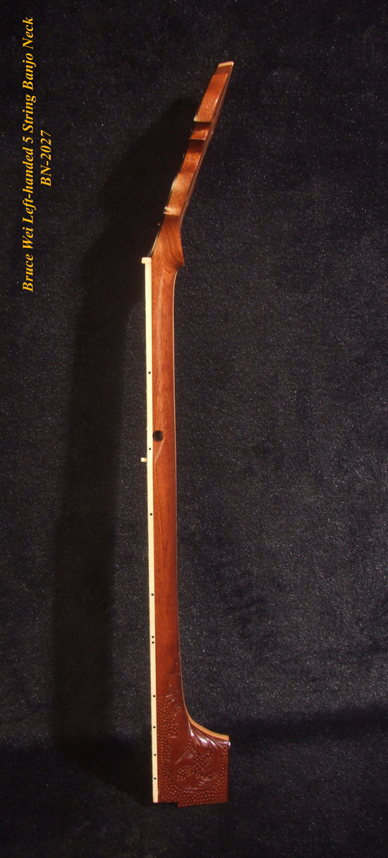 Handmade Left-Handed 5 String Banjo Neck, Solid Mahogany MOP Vine Inlay, Heel Carved, Bruce Wei BN-2027