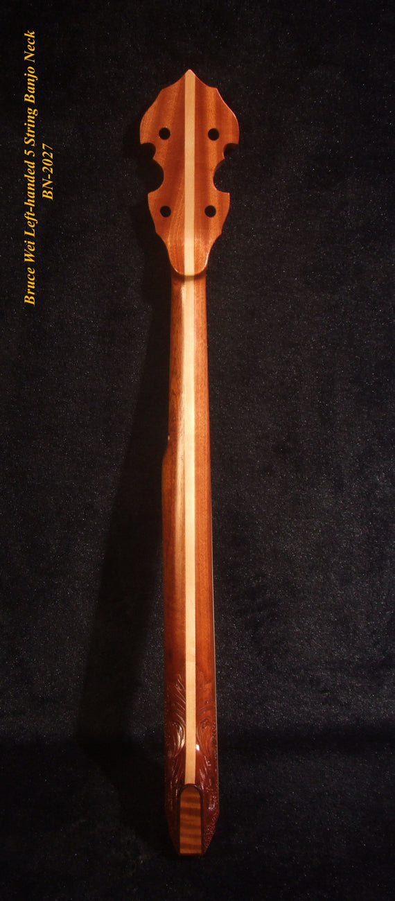 Handmade Left-Handed 5 String Banjo Neck, Solid Mahogany MOP Vine Inlay, Heel Carved, Bruce Wei BN-2027