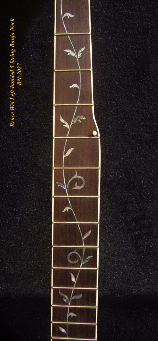 Handmade Left-Handed 5 String Banjo Neck, Solid Mahogany MOP Vine Inlay, Heel Carved, Bruce Wei BN-2027