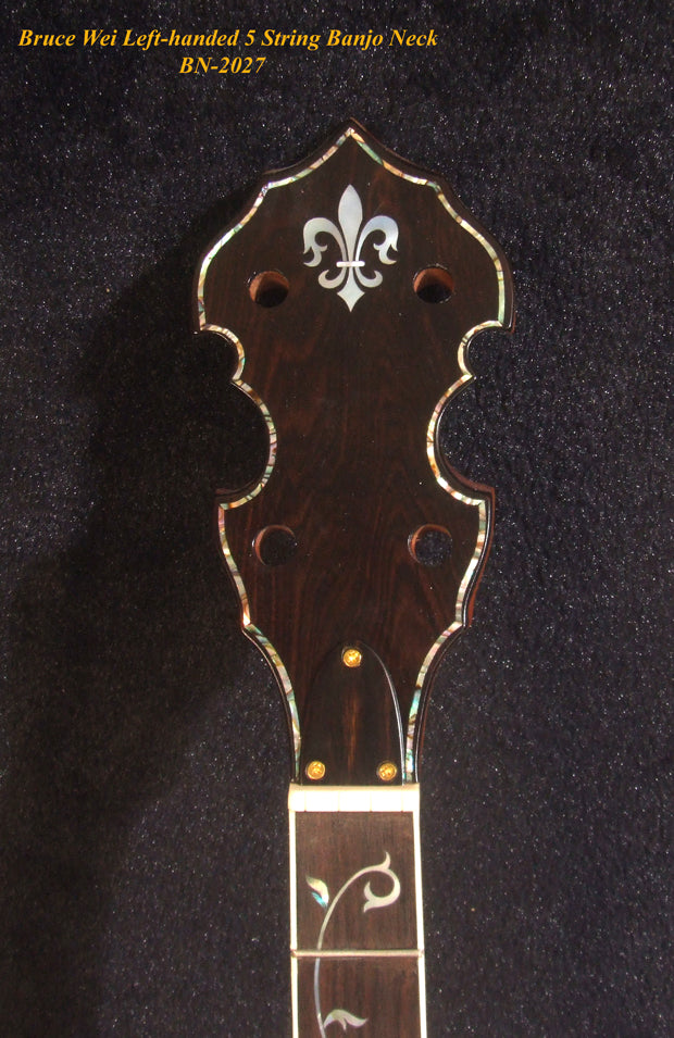 Handmade Left-Handed 5 String Banjo Neck, Solid Mahogany MOP Vine Inlay, Heel Carved, Bruce Wei BN-2027
