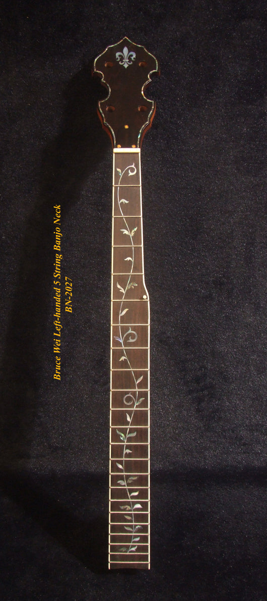 Handmade Left-Handed 5 String Banjo Neck, Solid Mahogany MOP Vine Inlay, Heel Carved, Bruce Wei BN-2027