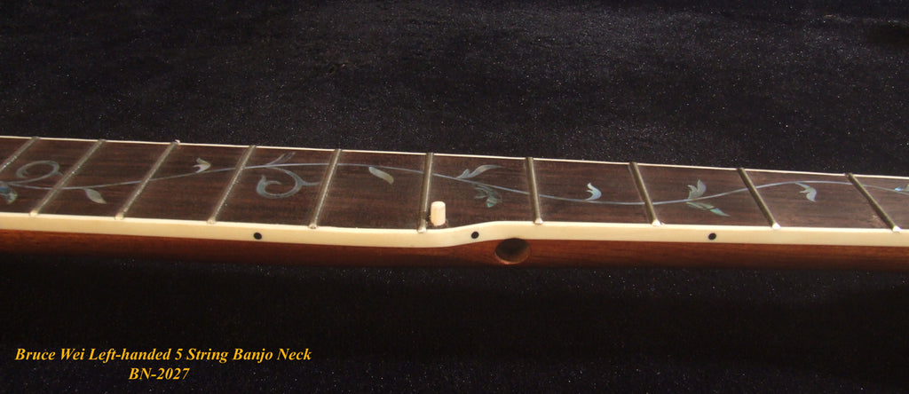 Handmade Left-Handed 5 String Banjo Neck, Solid Mahogany MOP Vine Inlay, Heel Carved, Bruce Wei BN-2027