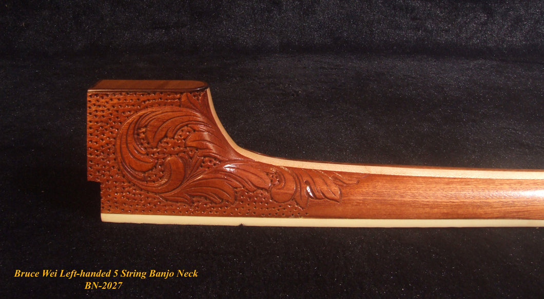 Handmade Left-Handed 5 String Banjo Neck, Solid Mahogany MOP Vine Inlay, Heel Carved, Bruce Wei BN-2027