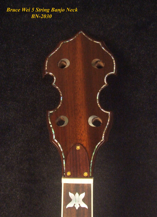 Handcrafted 5 String Banjo Neck, Solid Mahogany, MOP Inlay, Heel Carved, Bruce Wei BN-2030