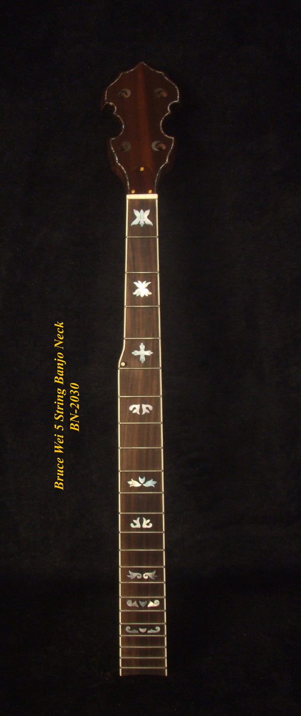 Handcrafted 5 String Banjo Neck, Solid Mahogany, MOP Inlay, Heel Carved, Bruce Wei BN-2030