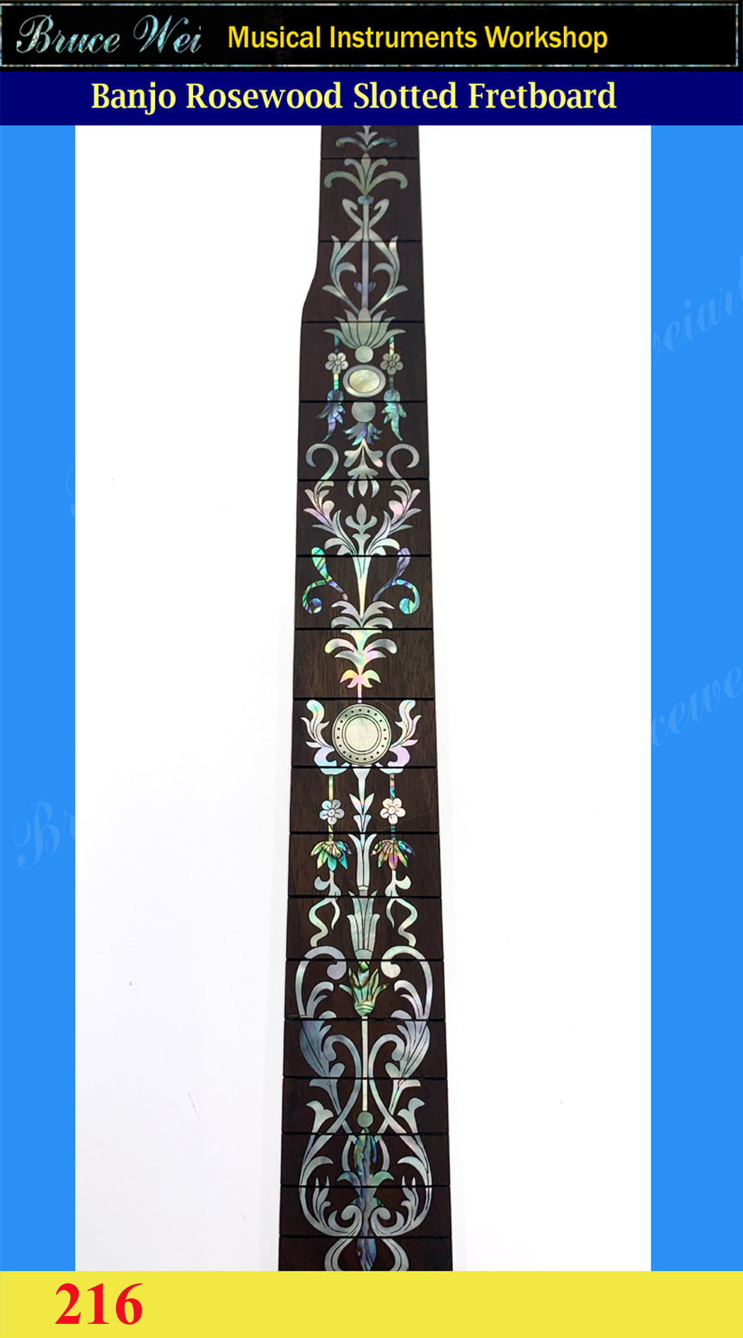 Banjo Handmade 26 3/16" Rosewood Slotted Fretboard, MOP & Abalone Inlay, Bruce Wei ( 216 )