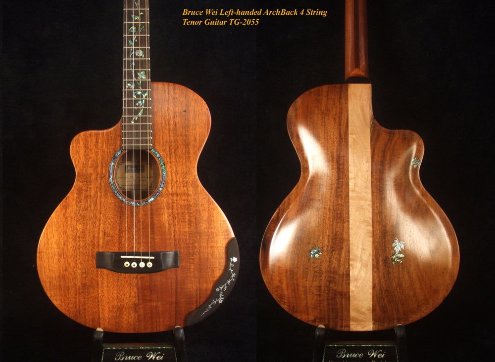 Handcrafted Left-handed 4 String Tenor Guitar, Solid Hawaiian Koa, Acacia ARCH-BACK Cutaway , Vine Inlay, Soft-bag, Bruce Wei TG-2055