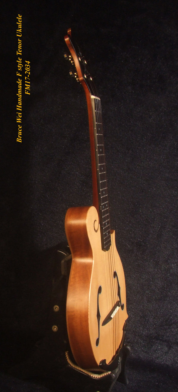 Handmade F Style Tenor Ukulele, ArchBack, Spruce & Curly Maple, Dove Inlay, Soft-bag, Bruce Wei FM17-2034