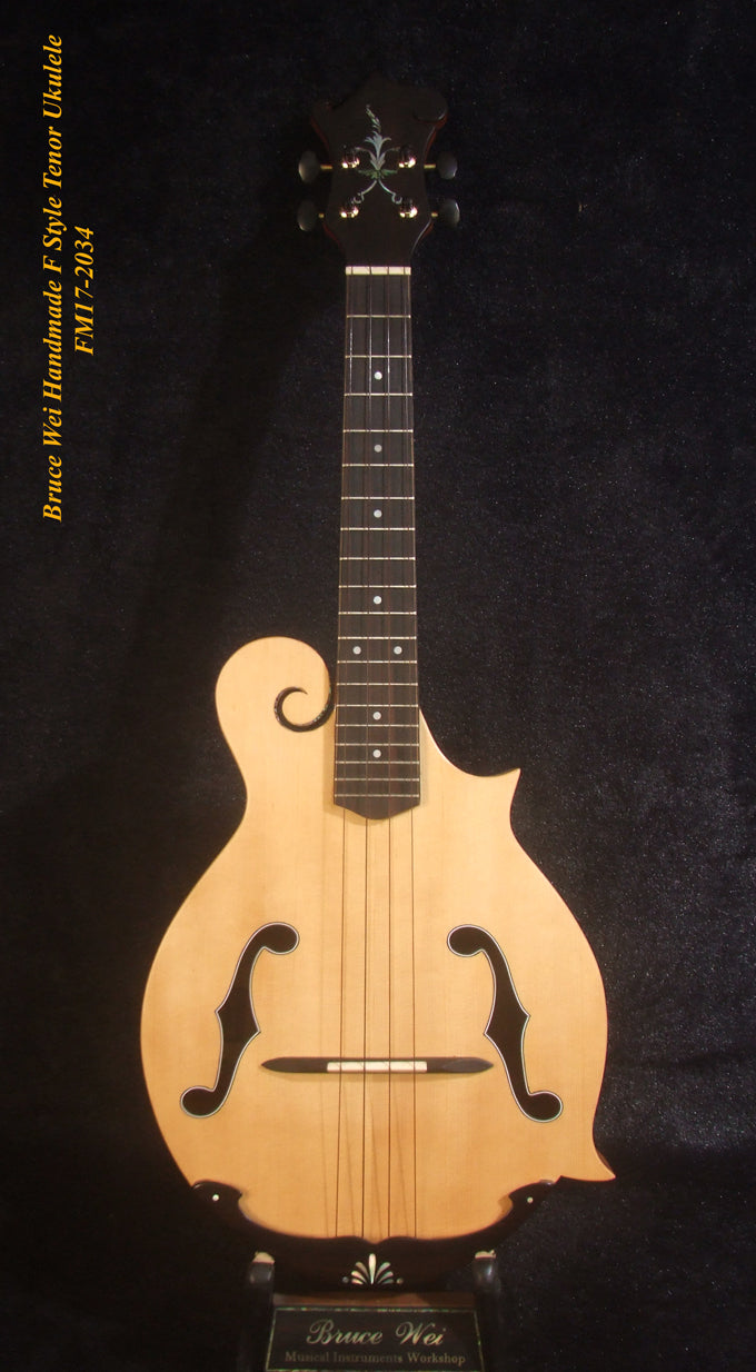 Handmade F Style Tenor Ukulele, ArchBack, Spruce & Curly Maple, Dove Inlay, Soft-bag, Bruce Wei FM17-2034