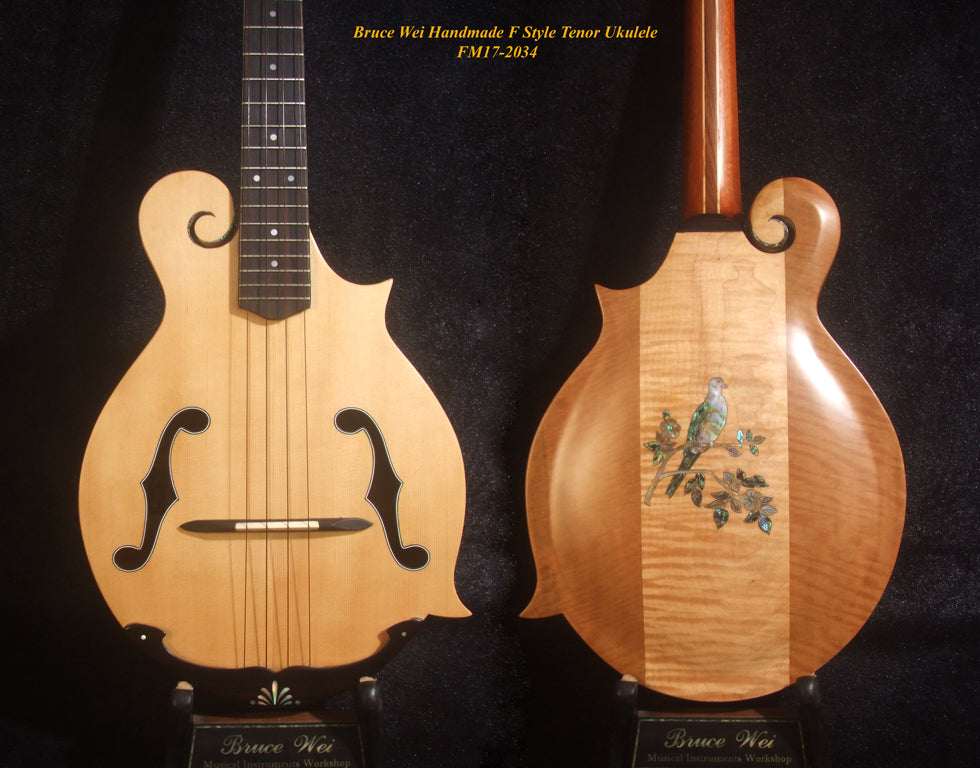 Handmade F Style Tenor Ukulele, ArchBack, Spruce & Curly Maple, Dove Inlay, Soft-bag, Bruce Wei FM17-2034