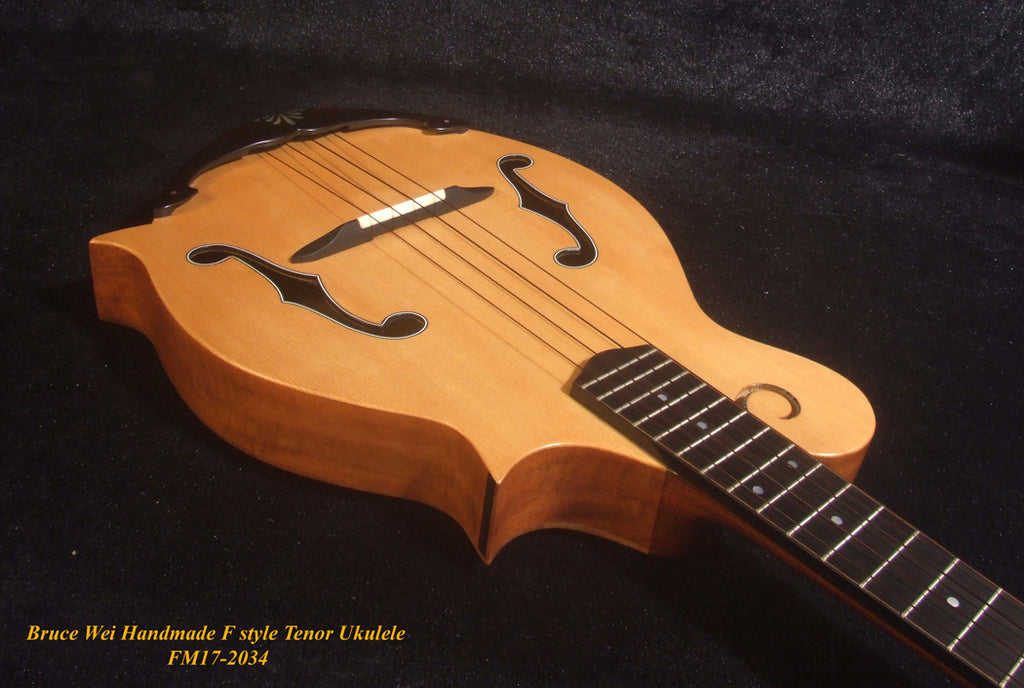 Handmade F Style Tenor Ukulele, ArchBack, Spruce & Curly Maple, Dove Inlay, Soft-bag, Bruce Wei FM17-2034