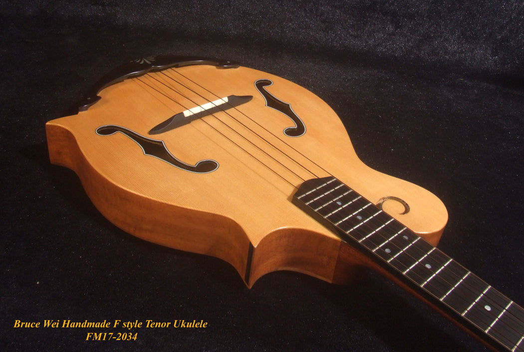 Handmade F Style Tenor Ukulele, ArchBack, Spruce & Curly Maple, Dove Inlay, Soft-bag, Bruce Wei FM17-2034