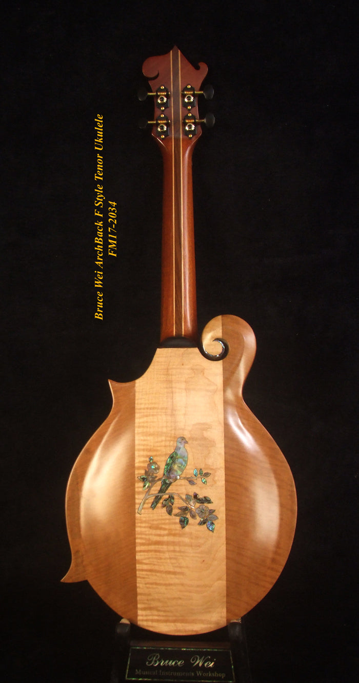 Handmade F Style Tenor Ukulele, ArchBack, Spruce & Curly Maple, Dove Inlay, Soft-bag, Bruce Wei FM17-2034