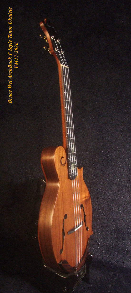 Handmade F Style Tenor Ukulele, ArchBack, Hawaiian Koa & Mahogany, Floral Inlay, Soft-bag, Bruce Wei FM17-2036