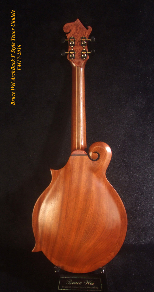 Handmade F Style Tenor Ukulele, ArchBack, Hawaiian Koa & Mahogany, Floral Inlay, Soft-bag, Bruce Wei FM17-2036