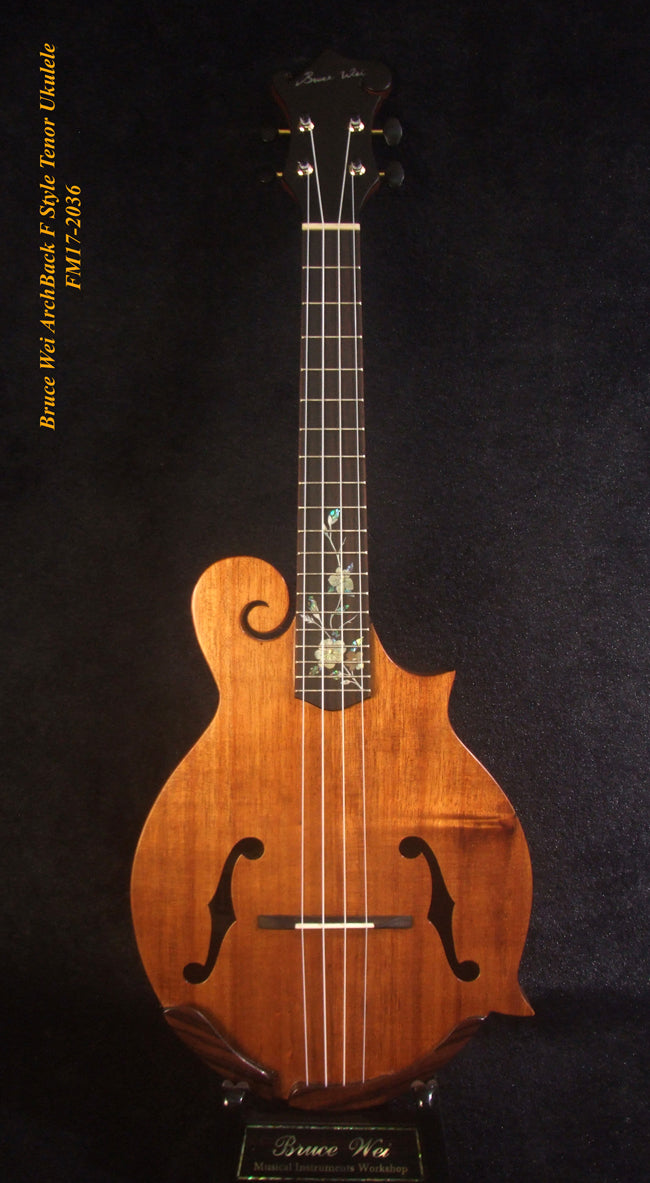 Handmade F Style Tenor Ukulele, ArchBack, Hawaiian Koa & Mahogany, Floral Inlay, Soft-bag, Bruce Wei FM17-2036