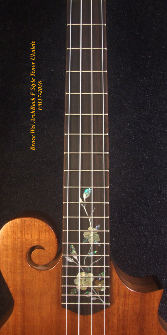 Handmade F Style Tenor Ukulele, ArchBack, Hawaiian Koa & Mahogany, Floral Inlay, Soft-bag, Bruce Wei FM17-2036