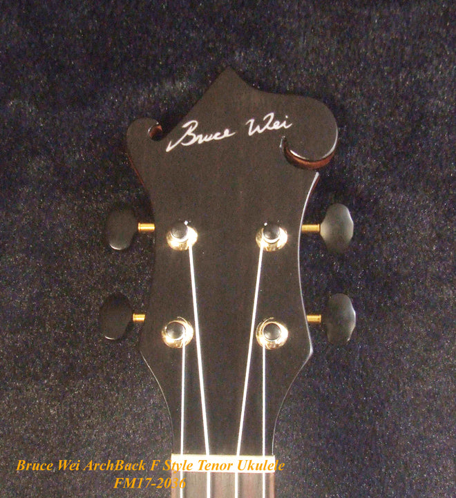 Handmade F Style Tenor Ukulele, ArchBack, Hawaiian Koa & Mahogany, Floral Inlay, Soft-bag, Bruce Wei FM17-2036